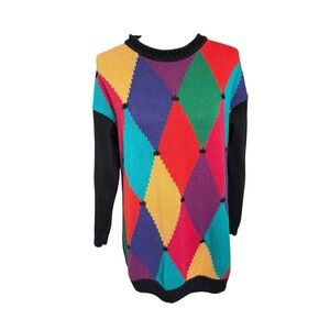 VTG 90s Max Diane colorful Diamond Colorblock Knit Sweater Bright Women Medium